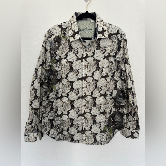 Robert Graham Button Down White Floral embroidered French Cuff large black green - Picture 1 of 13